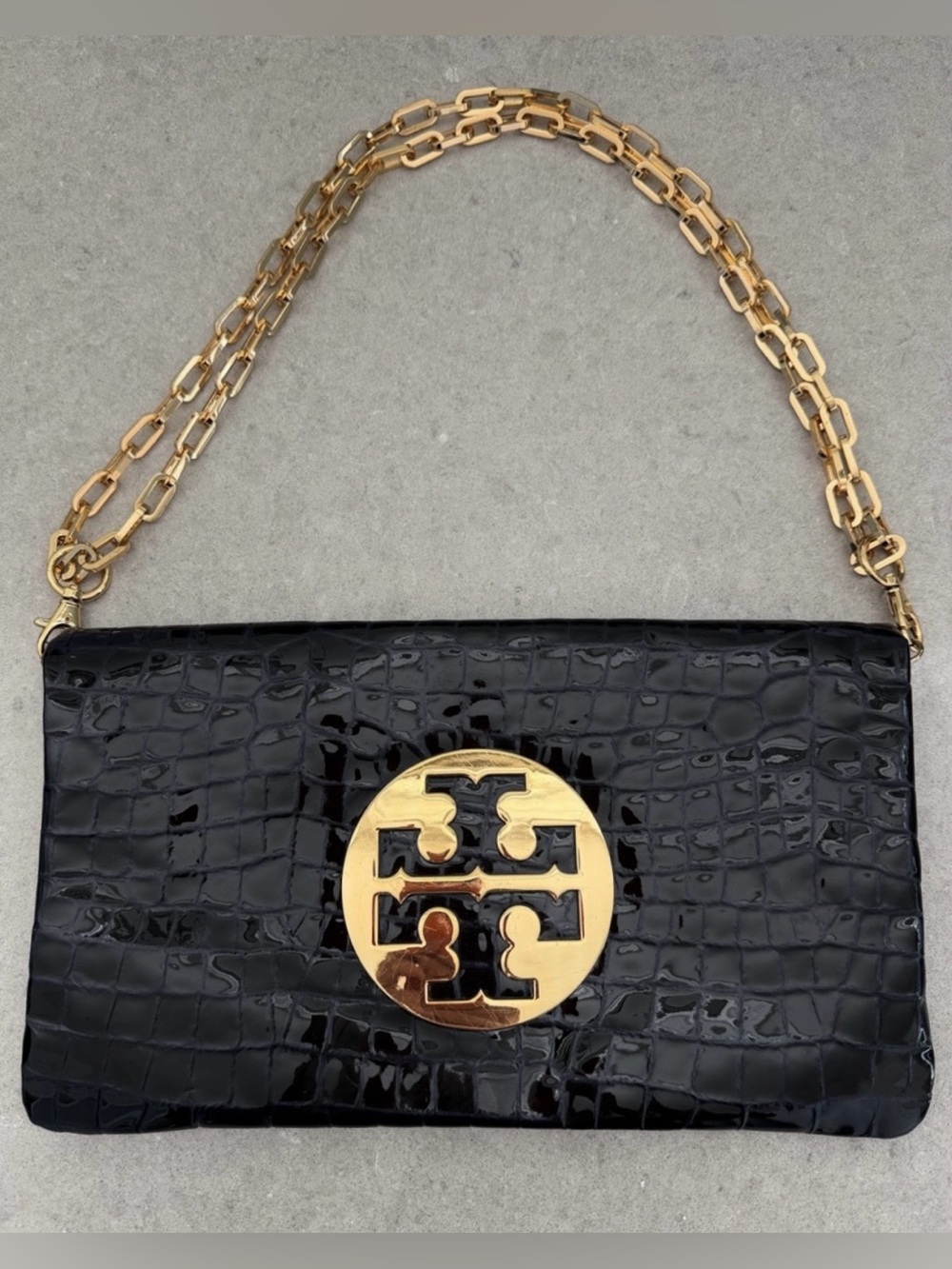 Tory Burch Reva Croc Embossed Patent Leather Fold over Clutch Shoulder Bag